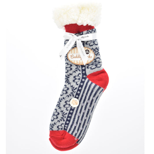 Ladies Soft Warm Fluffy Fleece Lined Slipper Socks - Grey & Navy Blue Scandi Floral