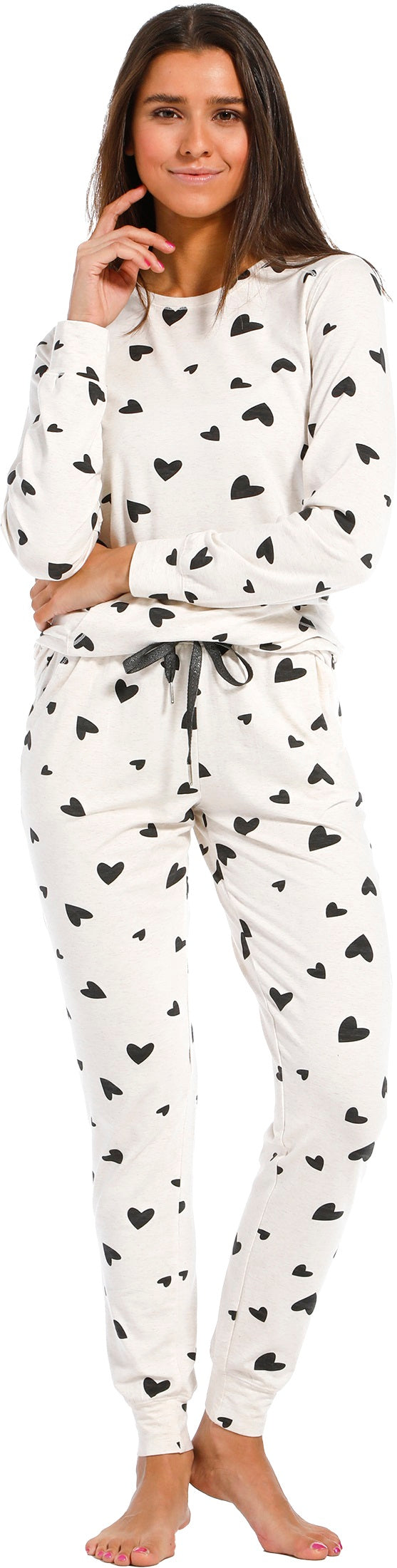 Rebelle Pastunette Ladies Off White & Black Love Heart Print Pyjama Set