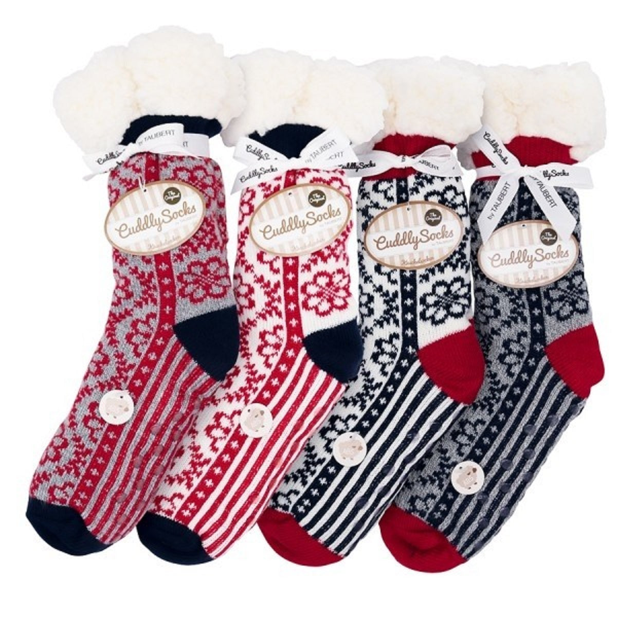 Ladies Soft Warm Fluffy Fleece Lined Slipper Socks - White & Red Scandi Floral