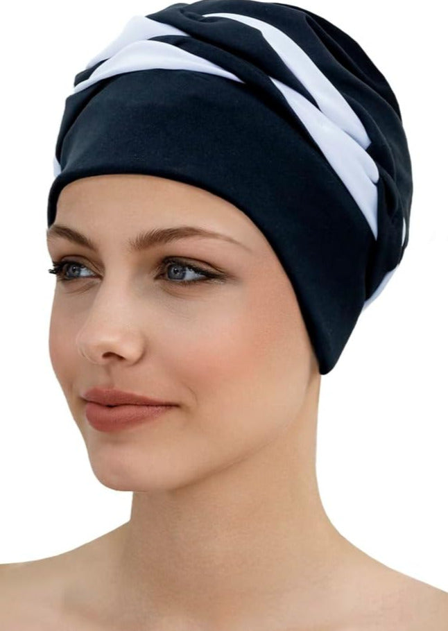 Fashy Ladies Swim Cap - Retro Style Turban Fabric Swim Hat Black & White - One Size