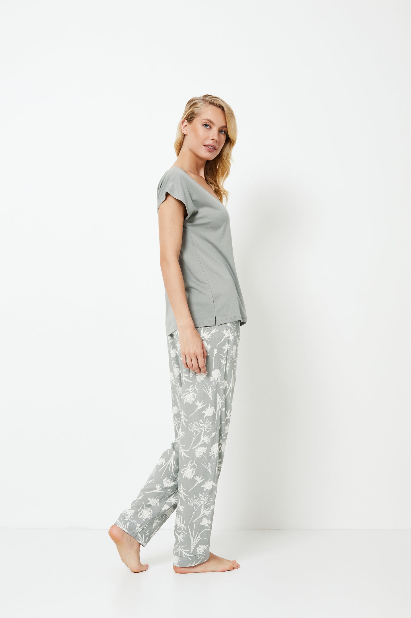 Aruelle Ladies Short Sleeve Pyjamas 'Fabiana' Sage Green & White Floral PJ Set