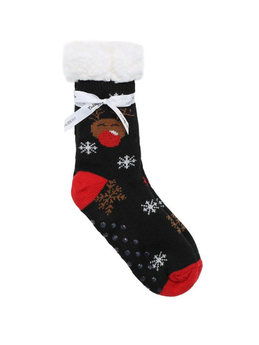 Ladies Soft Warm Fluffy Fleece Lined Slipper Socks - Navy Blue Christmas Reindeer