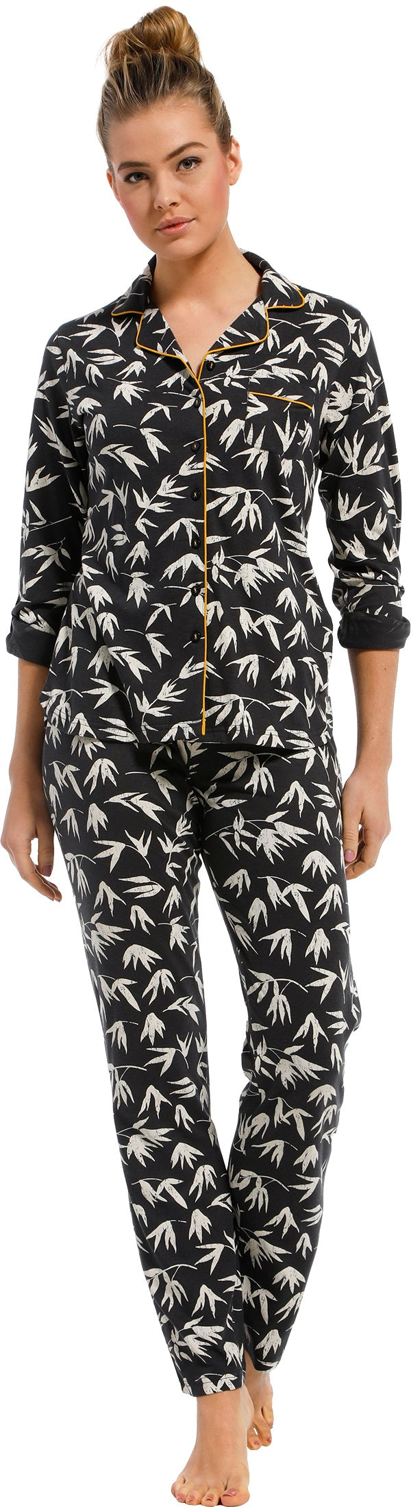 Pastunette Ladies Dark Grey Bamboo Leaf Print Pyjama Set 100% Cotton