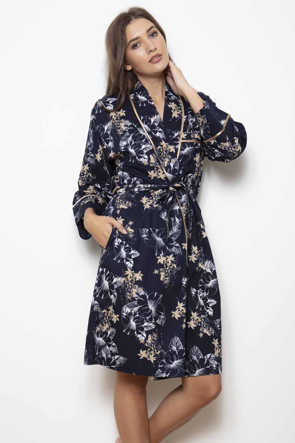 Cottonreal 'Wild Hibiscus' Navy & Gold Floral Robe