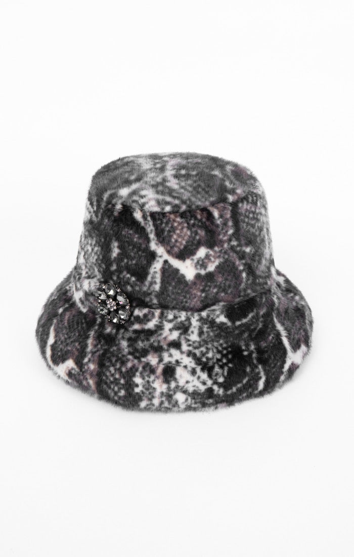 Pia Rossini 'Carmen' Black & Grey Snakeskin Print bucket Hat with Embellished Floral Jewel