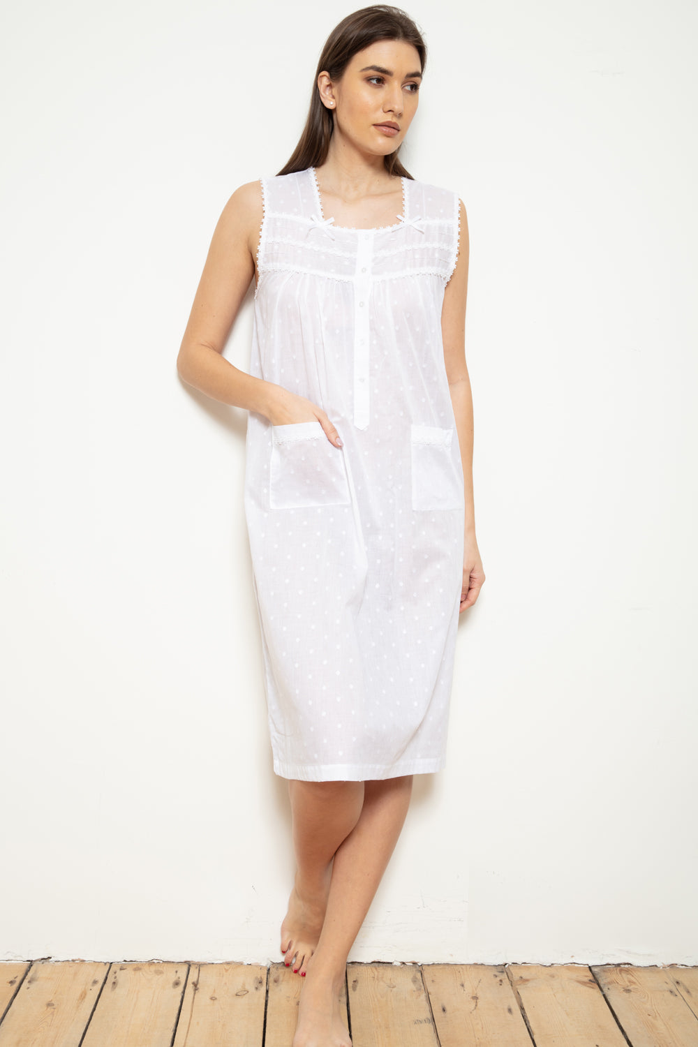 Cottonreal 'Janet' Cotton Voile Jacquard Polka Dot Sleeveless Nightdress