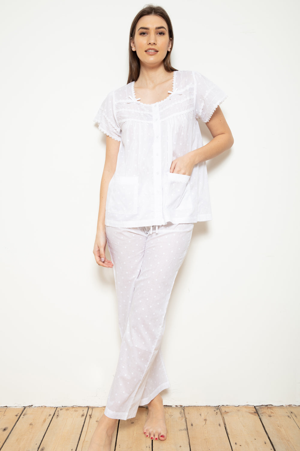 Cottonreal 'Janie' Cotton Voile Jacquard Polka Dot Short Sleeve Pyjamas