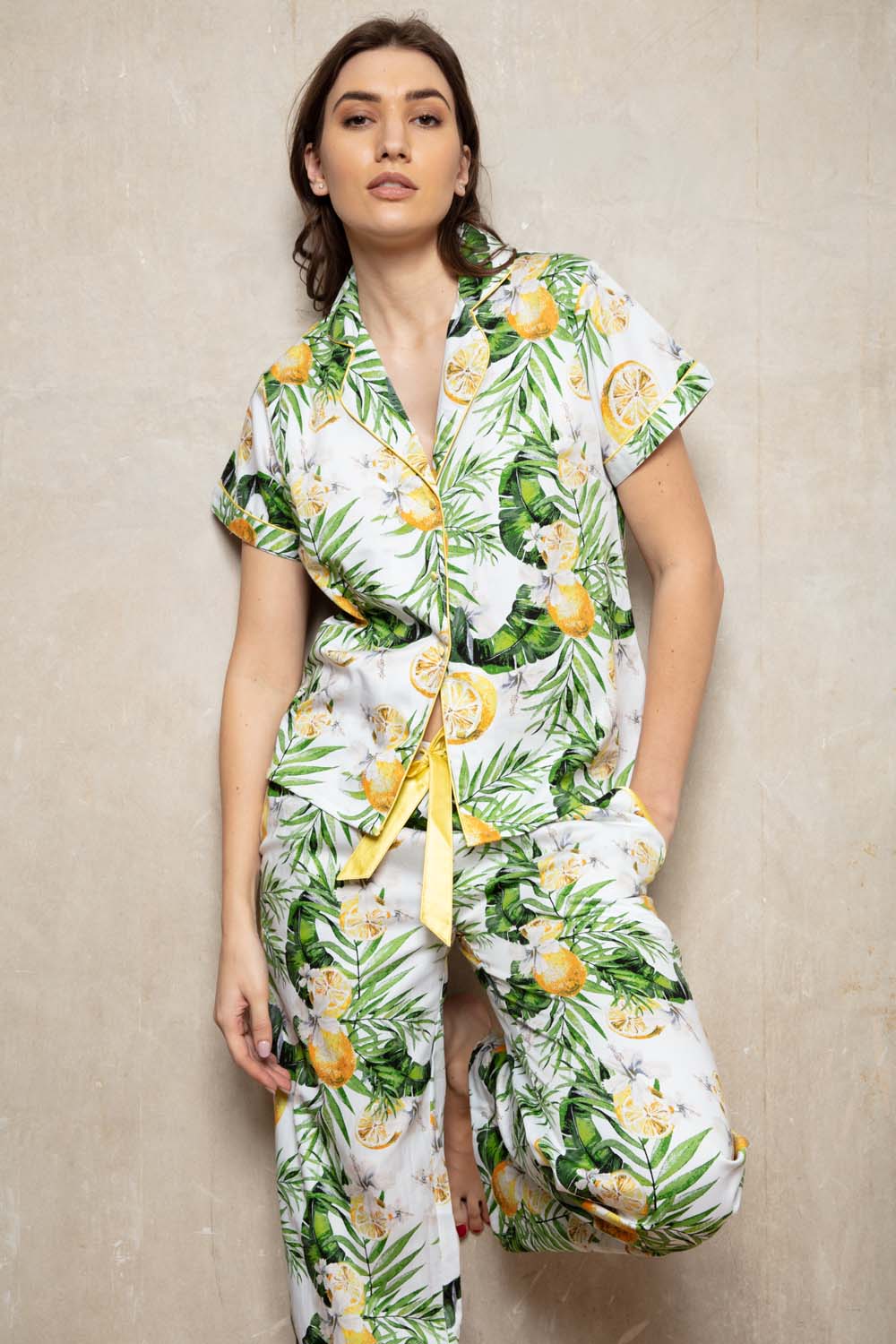 Cottonreal 'Lisbon' Leaf & Lemon Print ~ Short Sleeve Pyjama Set