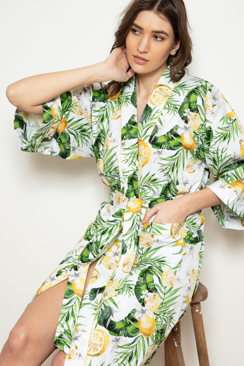 Cottonreal 'Lisbon' Leaf & Lemon Print ~ Sateen Dressing Gown