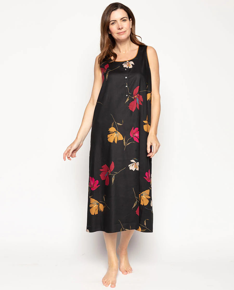 Nora Rose 'Marcella' Black Floral Long Nightdress