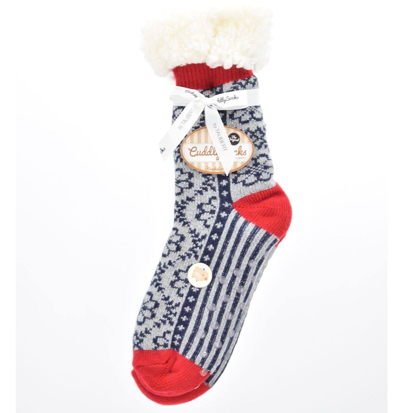 Ladies Soft Warm Fluffy Fleece Lined Slipper Socks - Grey & Navy Blue Scandi Floral