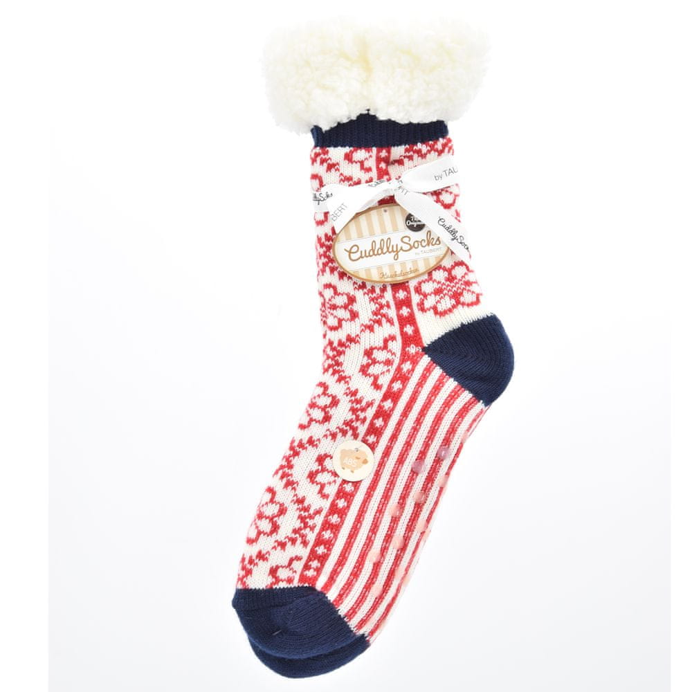 Ladies Soft Warm Fluffy Fleece Lined Slipper Socks - White & Red Scandi Floral