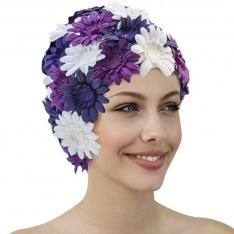 Fashy Ladies Swim Cap - Petal Swim Hat Purple, Blue & White - One Size