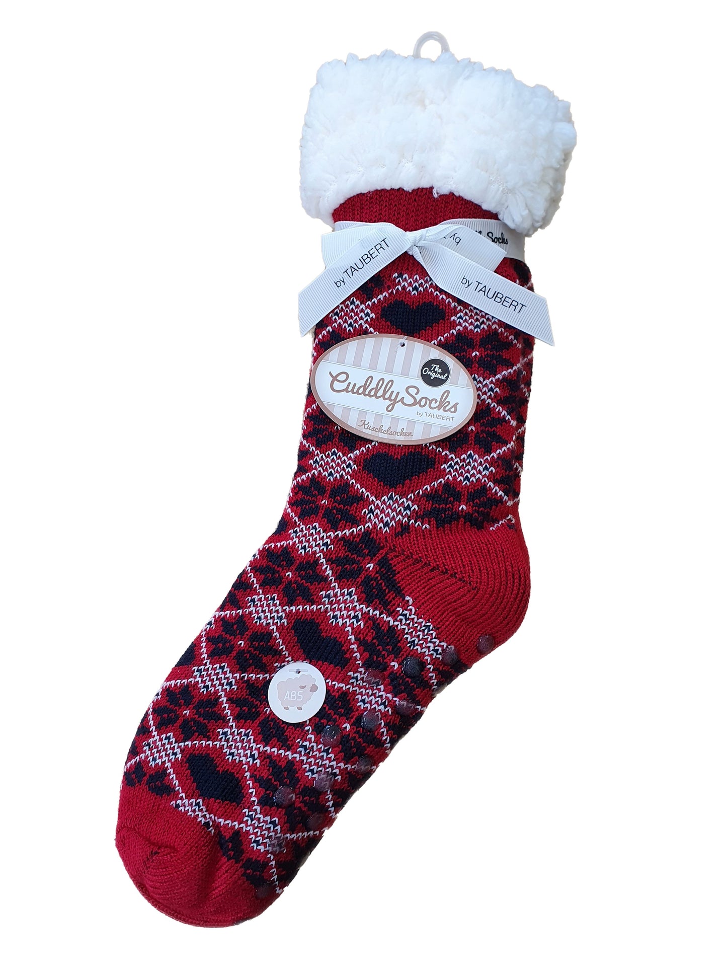 Ladies Soft Warm Fluffy Fleece Lined Slipper Socks - Red Scandi Hearts