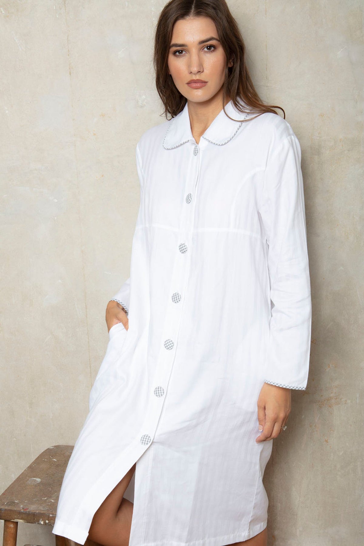 Buttoned Robe Cottonreal Superfine Cotton White Shadow Stripe Button Robe – Glamour ...