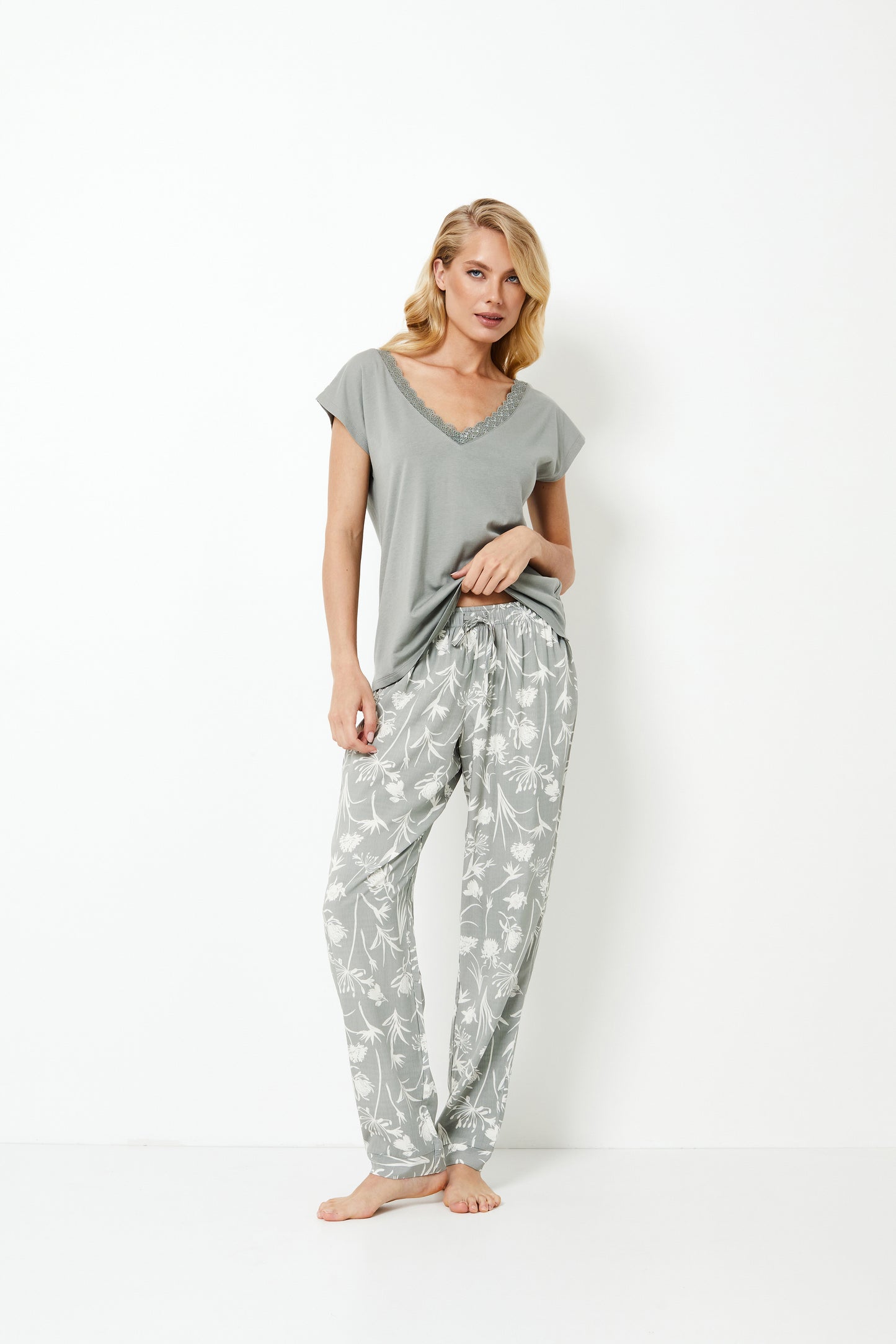 Aruelle Ladies Short Sleeve Pyjamas 'Fabiana' Sage Green & White Floral PJ Set