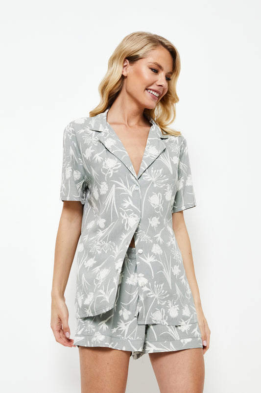 Aruelle Ladies Shorty Pyjamas 'Freya' Sage Green & White Floral PJ Set