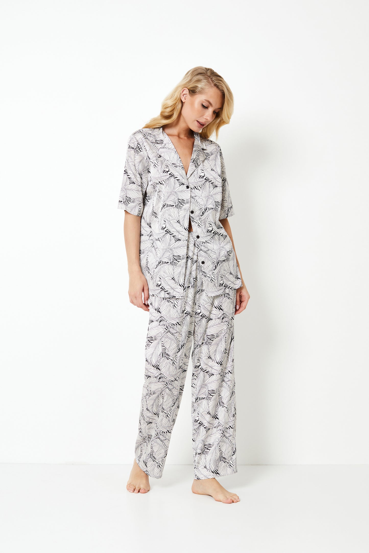 Aruelle Ladies Short Sleeve Pyjamas 'Klaudie' Black & White Leaf Print PJ Set
