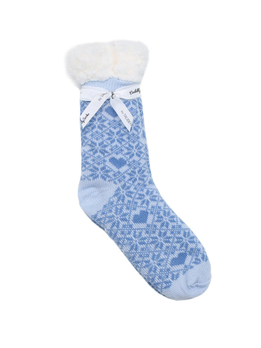 Ladies Soft Warm Fluffy Fleece Lined Slipper Socks - Blue Scandi Hearts