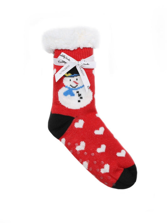 Ladies Soft Warm Fluffy Fleece Lined Slipper Socks - Red Christmas Snowman