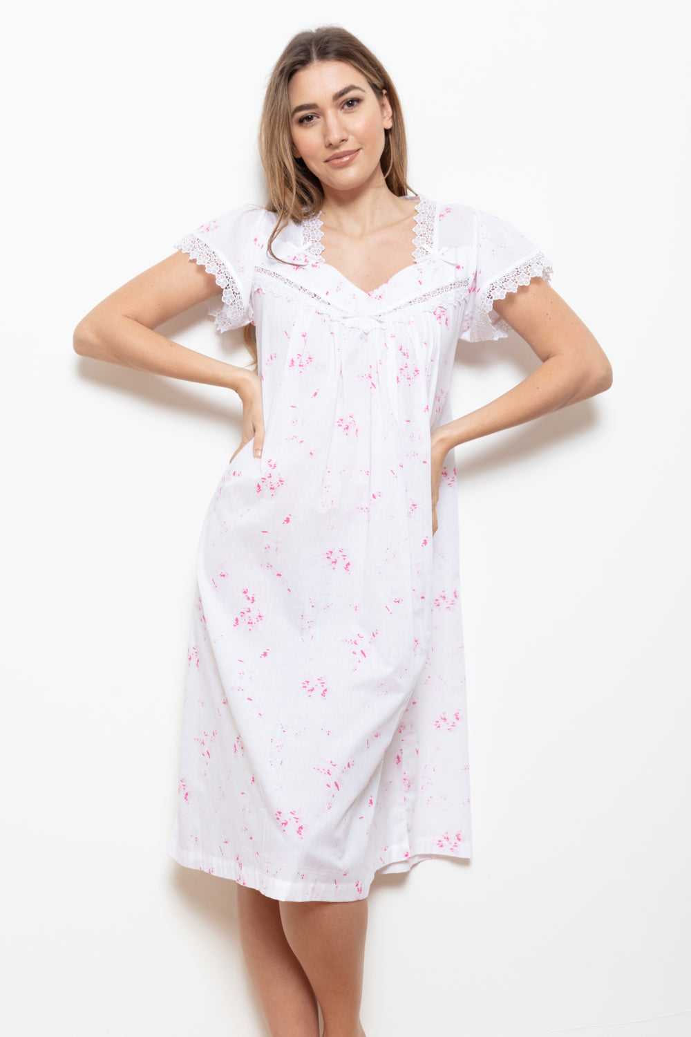 Cottonreal 'Yana' Pretty Pink Floral & White 100% Cotton Cap Sleeve Nightdress