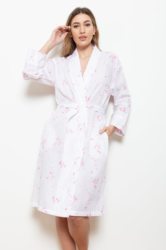 Cottonreal 'Yanira' Pretty Pink Floral & White 100% Cotton Robe Dressing Gown