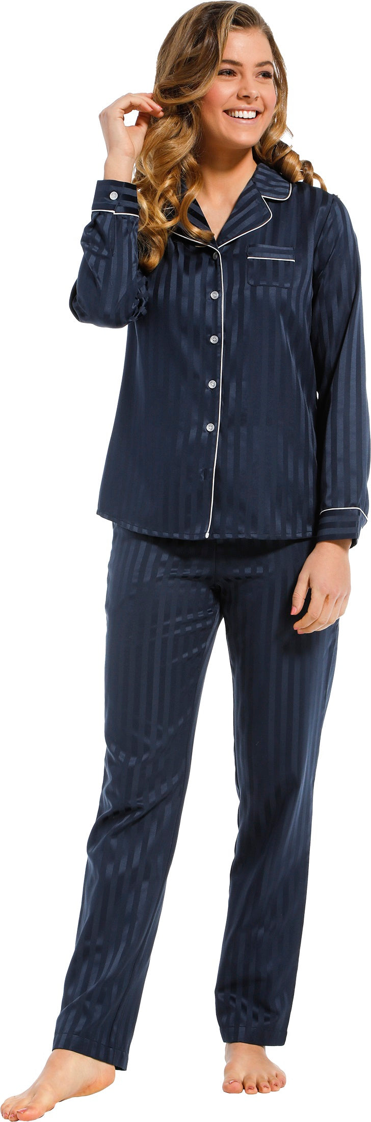 Pastunette Ladies Navy Blue Shadow Stripe Satin Look Pyjama Set 100% Cotton