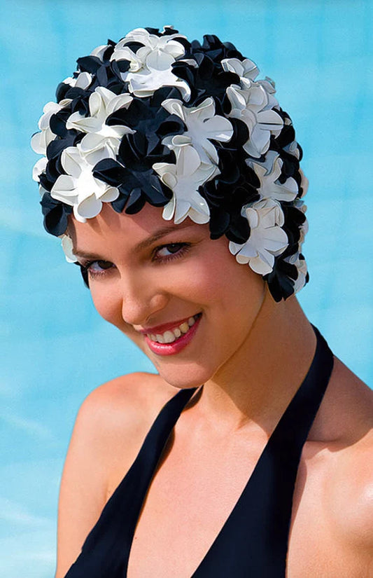Fashy Ladies Swim Cap - Black & White Petal Swim Cap