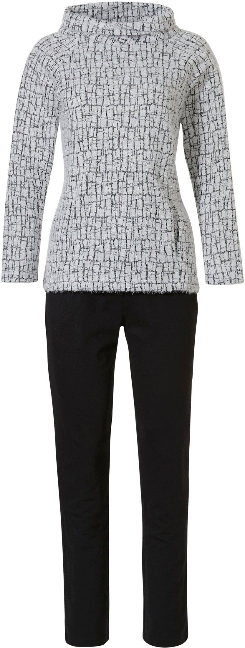 Pastunette Deluxe Ladies Loungewear Set White & Black Long Sleeve Top + Black Pants with White Stripe