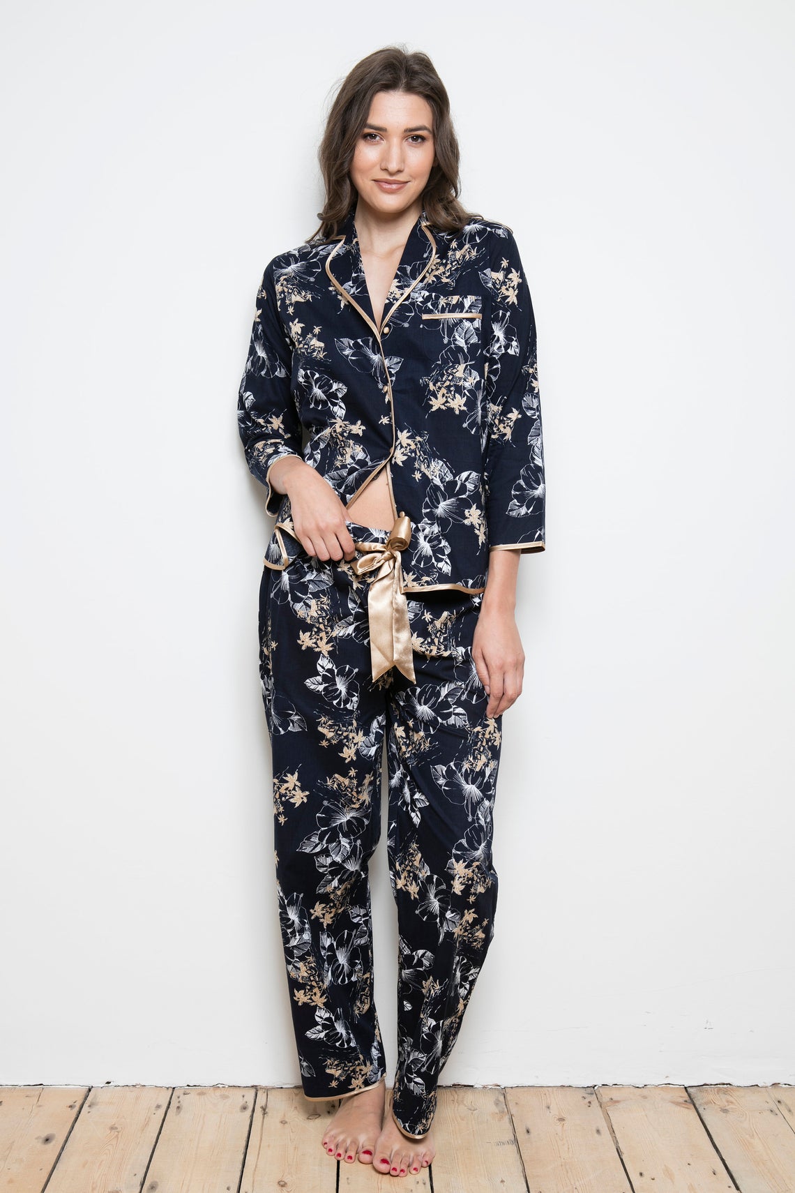 Cottonreal 'Wild Hibiscus' Navy & Gold Floral Pyjama Set