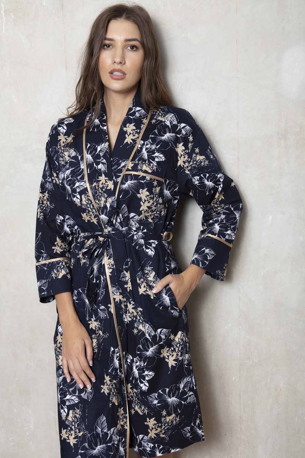 Cottonreal 'Wild Hibiscus' Navy & Gold Floral Robe