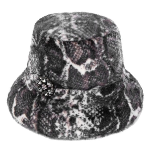 Pia Rossini 'Carmen' Black & Grey Snakeskin Print bucket Hat with Embellished Floral Jewel
