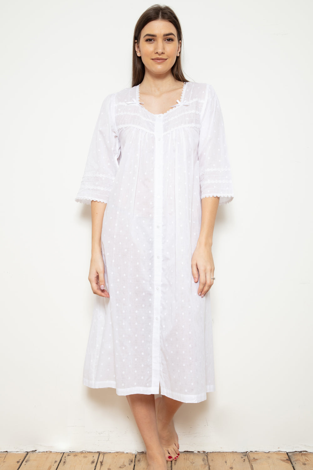 Cottonreal 'Jay' Cotton Voile Jacquard Polka Dot Button Front Nightdress