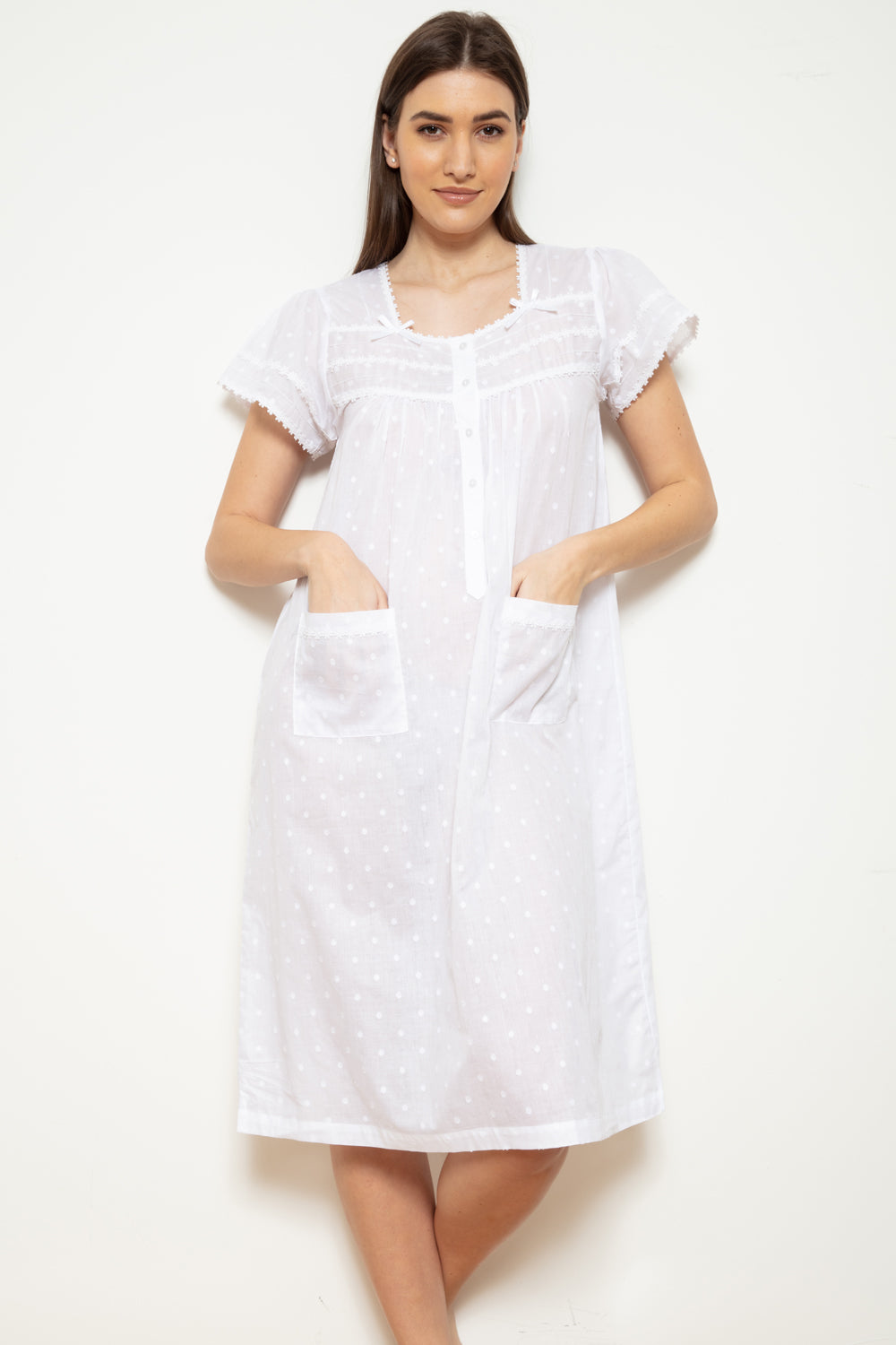 Cottonreal 'Jane' Cotton Voile Jacquard Polka Dot Short Sleeve Nightdress