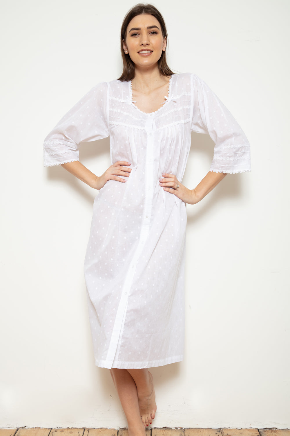 Cottonreal 'Jay' Cotton Voile Jacquard Polka Dot Button Front Nightdress